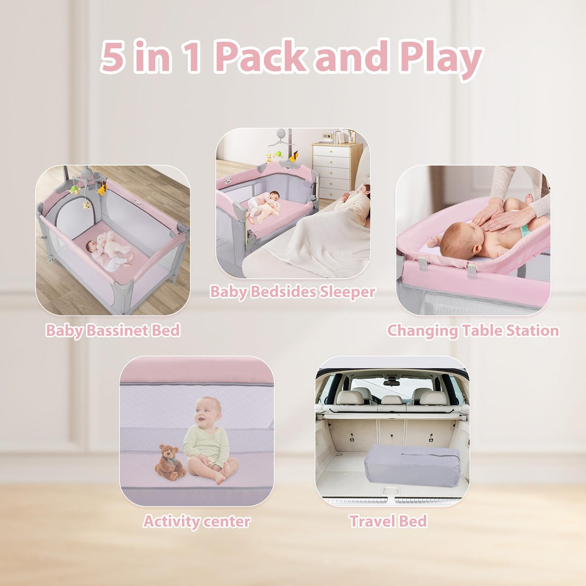 5-in-1 Pink Baby Bassinet Bedside Crib G72325