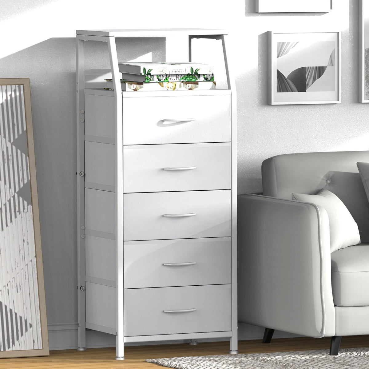 White 5 Drawer Fabric Dresser Y95056