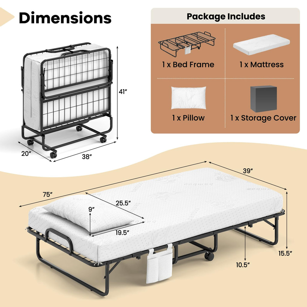 Twin Folding Bed with 5 Inch Mattress and Metal Frame W490