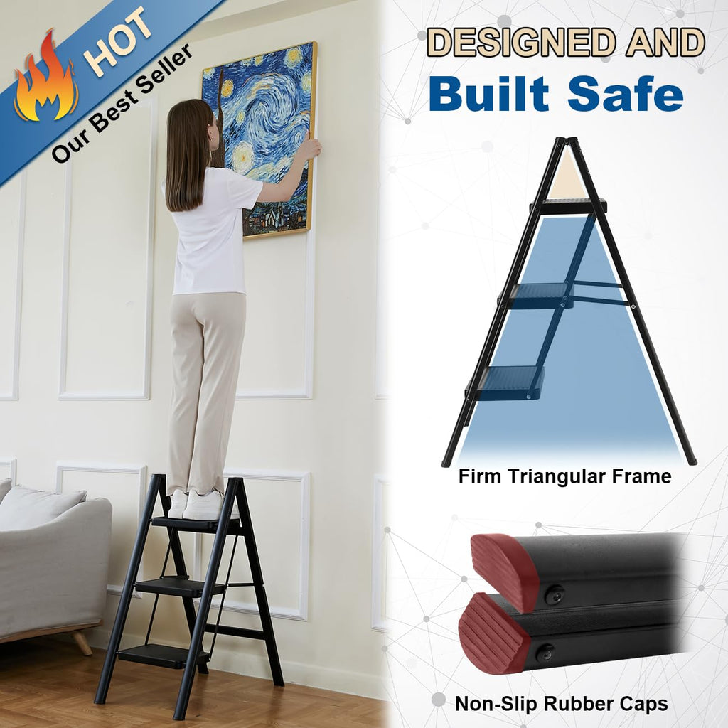 Black 3 Step Steel Folding Ladder Z32287