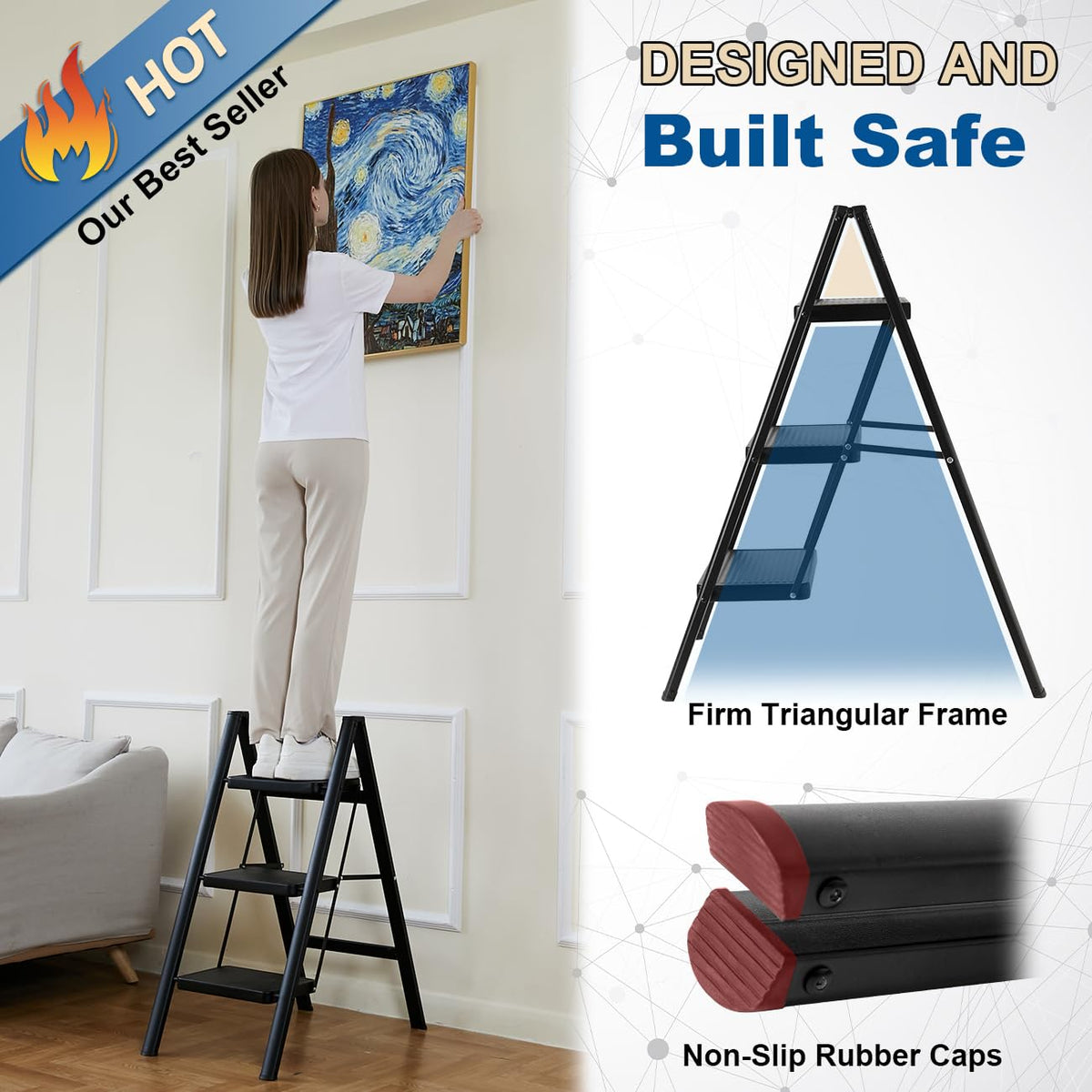 Black 3 Step Steel Folding Ladder Z32287