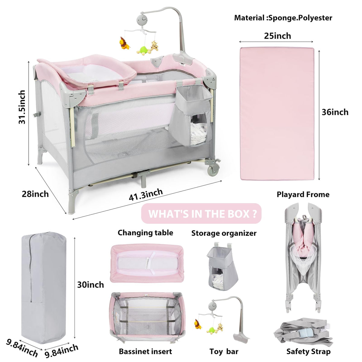 5-in-1 Pink Baby Bassinet Bedside Crib G72325
