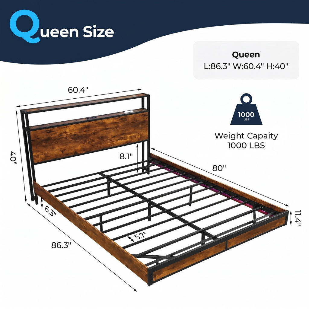 Queen Size Metal Platform Bed Frame with Storage Headboard M8759