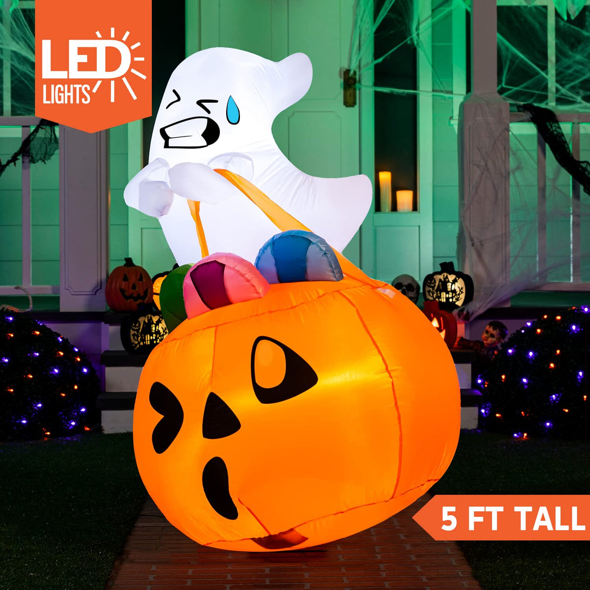 5 FT Halloween Inflatable Ghost with Build-in LEDs J478
