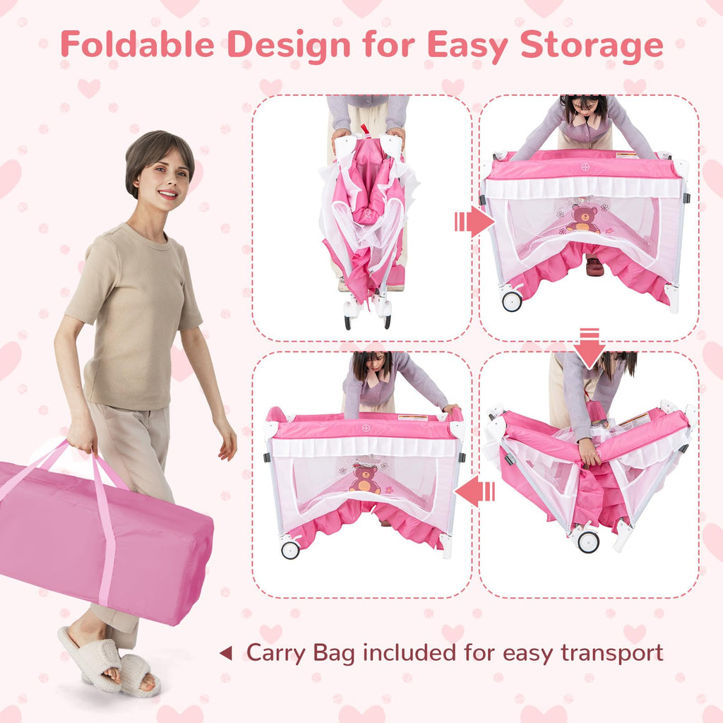 4-in-1 Pack and Play with Canopy, Changing Table and Bassinet, Hot Pink T49266