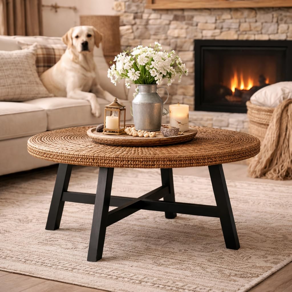 32 Inch Round Handwoven Seagrass Coffee Table with Pine Wood X Base K896