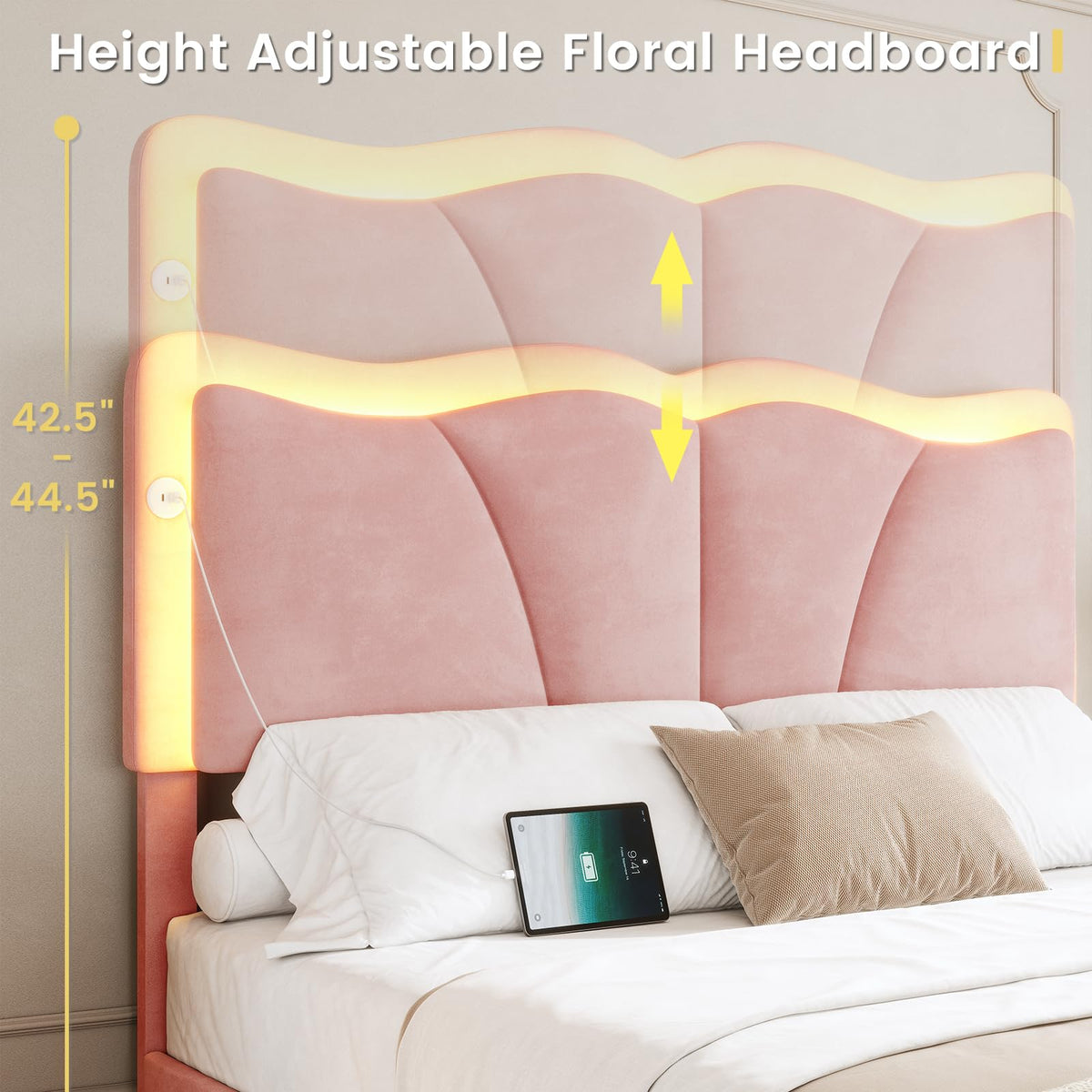 Pink Velvet Upholstered Platform Bed Frame with 4 Storage Drawers V49291