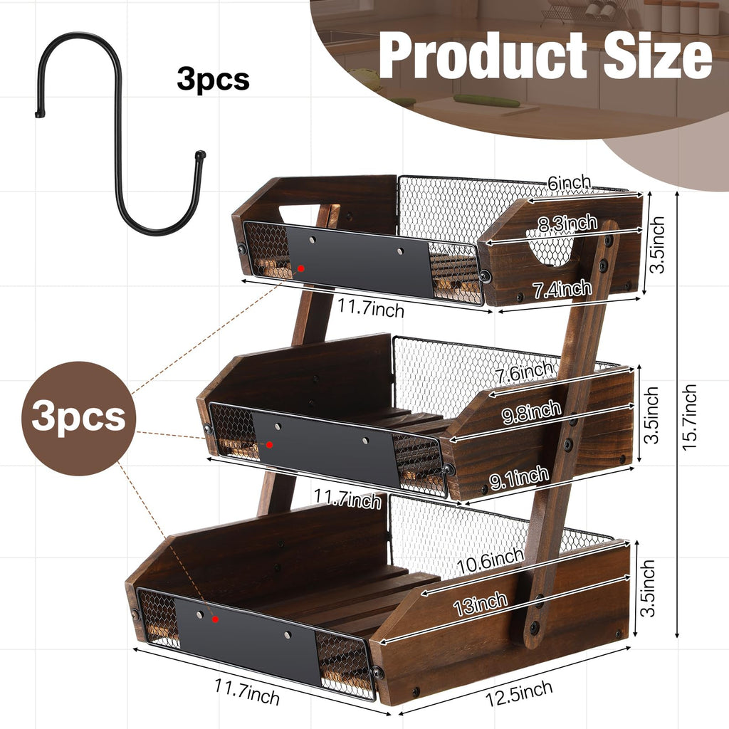 3 Tier Wooden Fruit Basket with Banana Hangers J97691