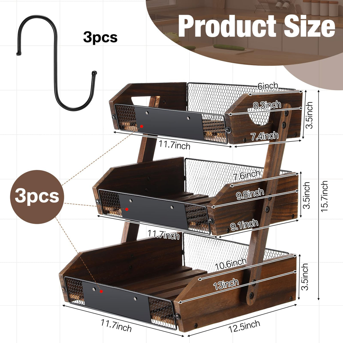 3 Tier Wooden Fruit Basket with Banana Hangers J97691