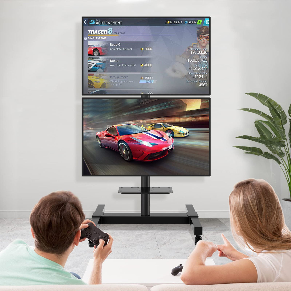 Mobile Dual TV Stand for Two 32-65 Inch Flat Panel Curved TV F419