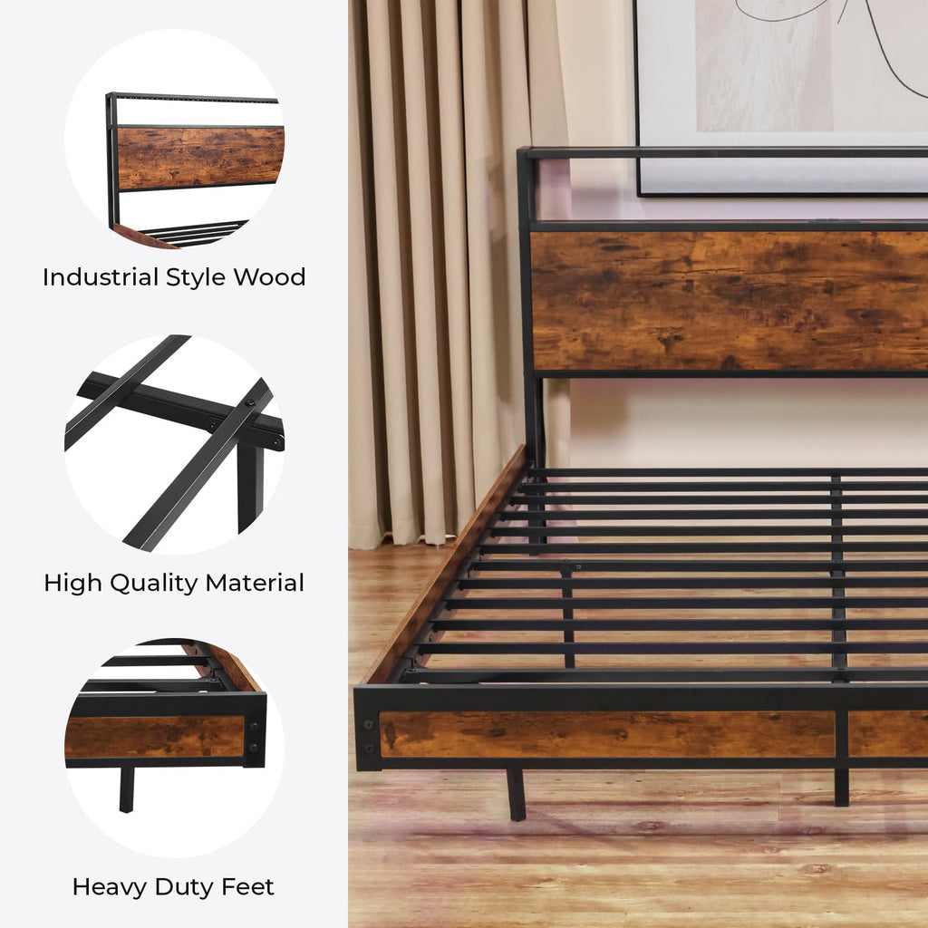 Queen Size Metal Platform Bed Frame with Storage Headboard M8759