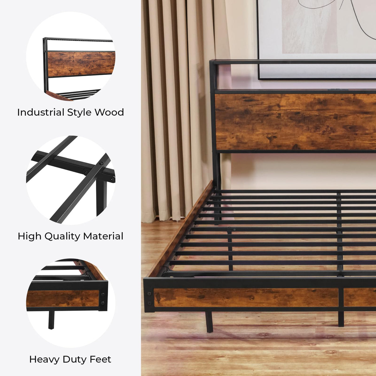 Queen Size Metal Platform Bed Frame with Storage Headboard M8759