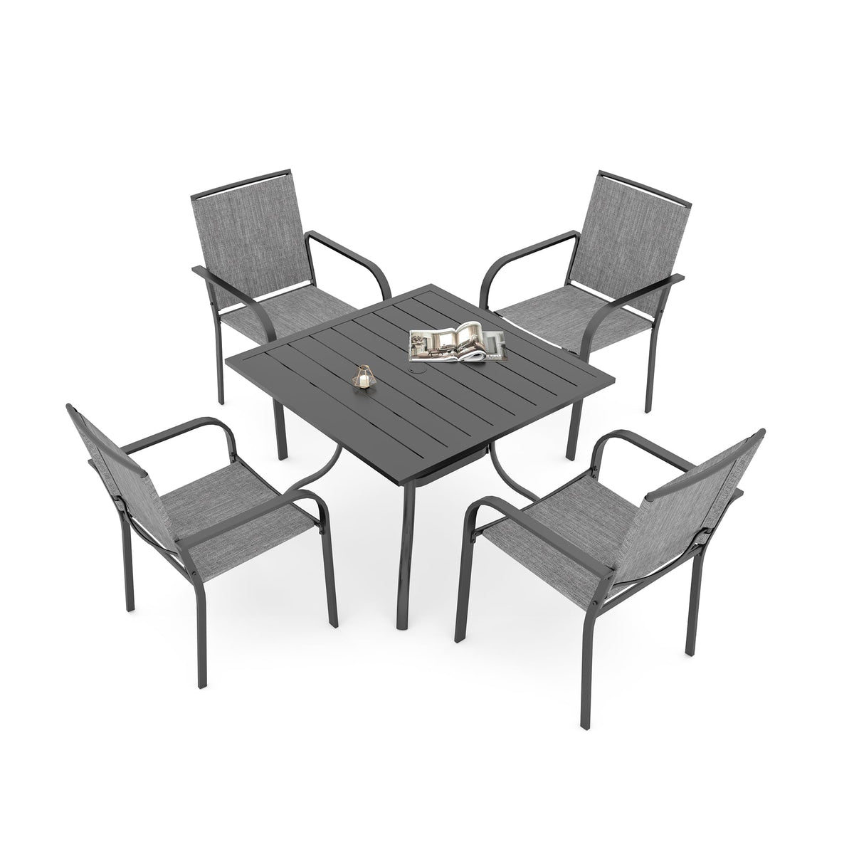 5 Piece Outdoor Dining Set with Grey Stackable Chairs and Square Table Q46472