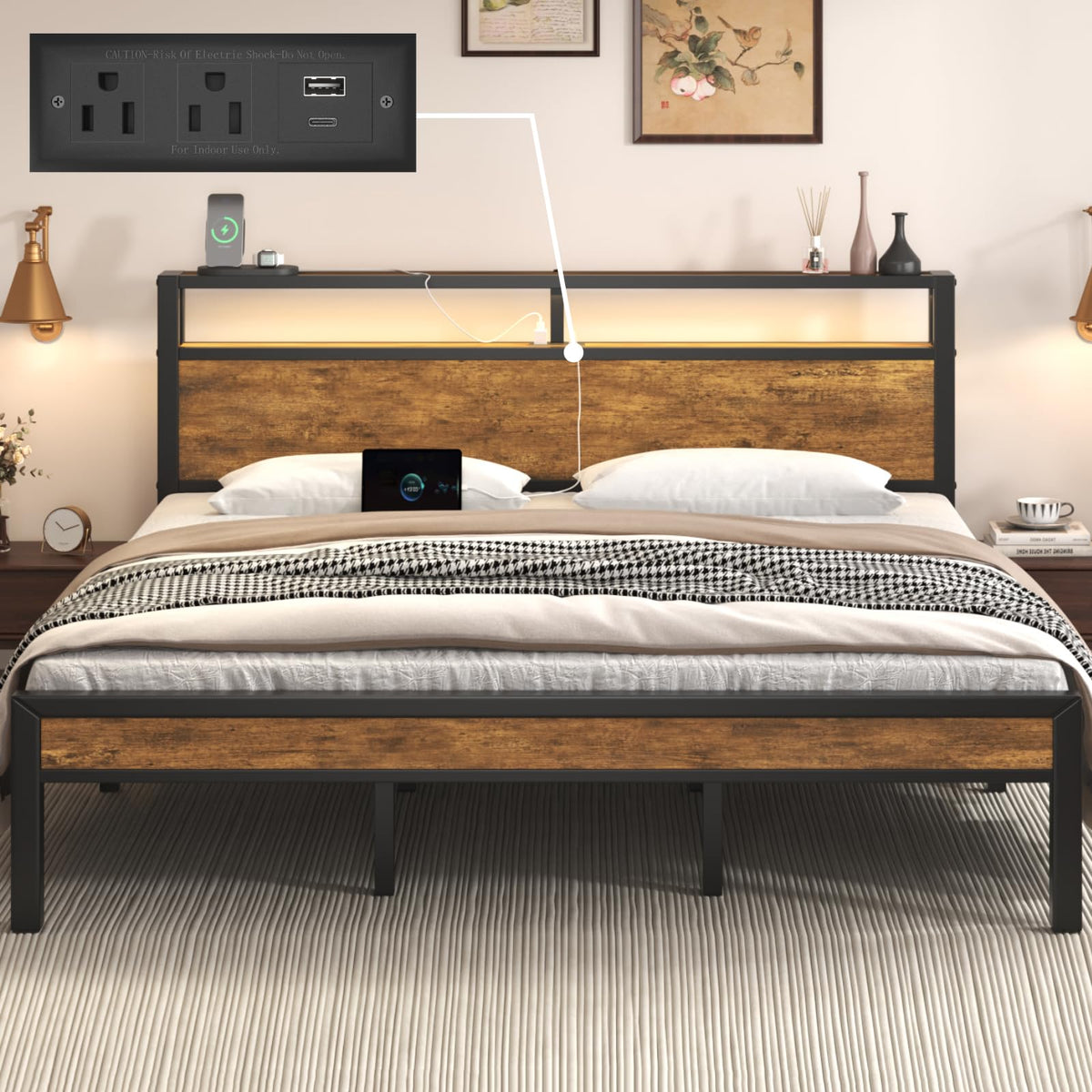 King Size Bed Frame with LED Light and Charging Station U425