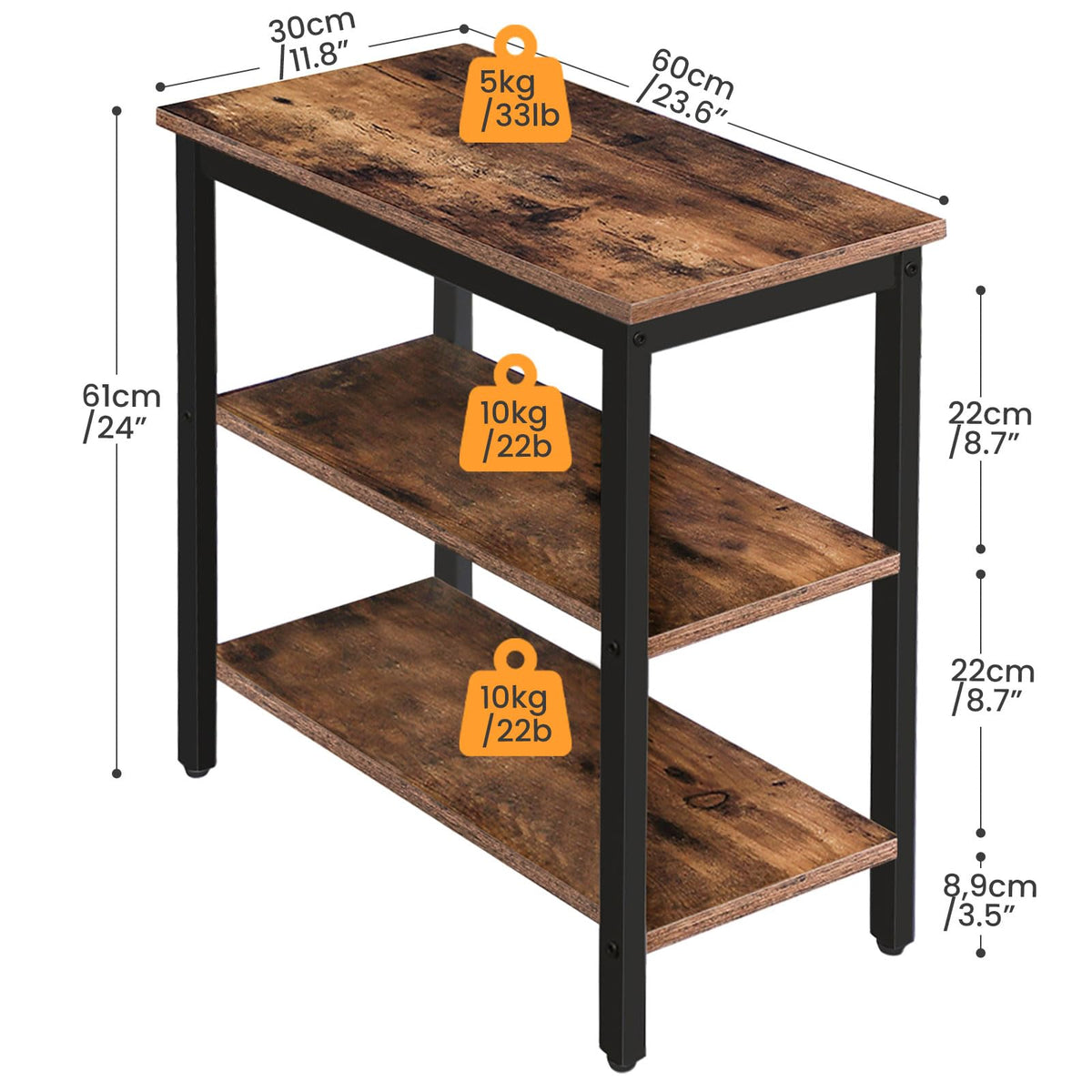 Rustic Brown and Black 3-Tier End Table C49306