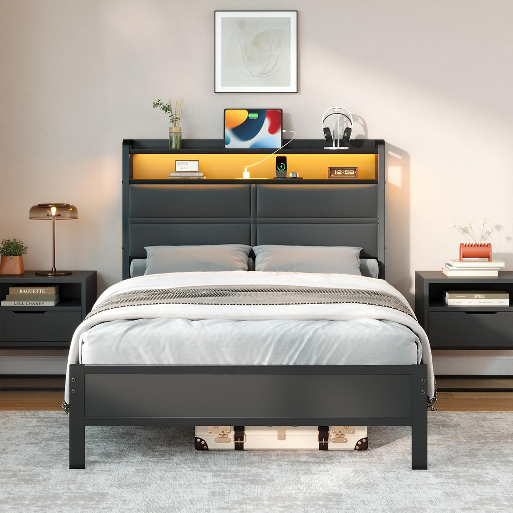 Twin Bed Frame with LED Lights and Charging Station J58636
