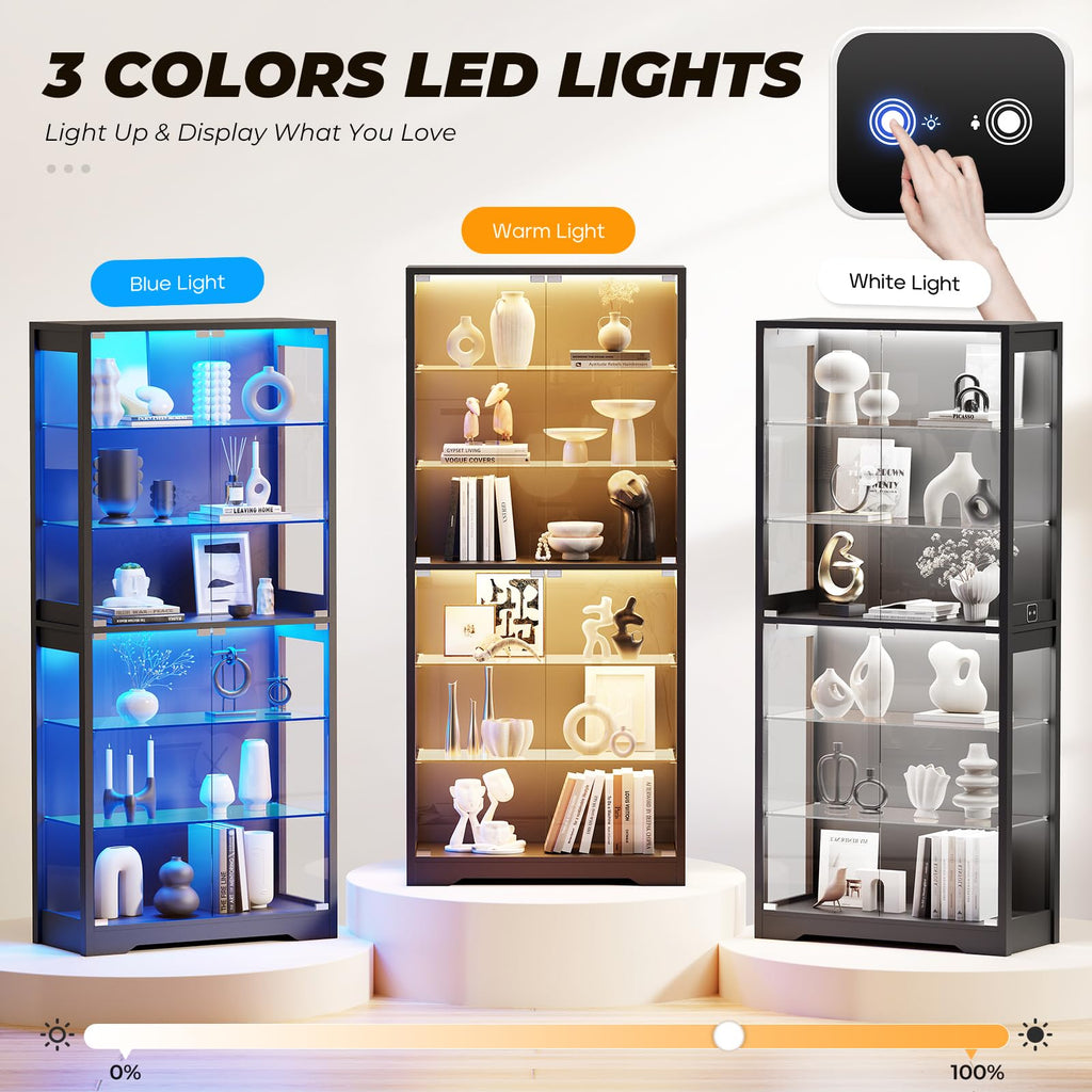 71" Tall Display Cabinet with Glass Door and 3-Color Lights, Black K12874