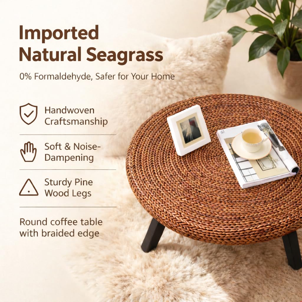32 Inch Round Handwoven Seagrass Coffee Table with Pine Wood X Base K896