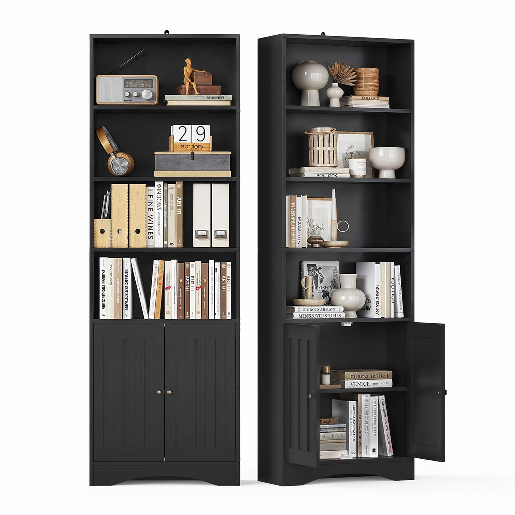 71''H 6-Shelf Black Bookcase with Doors W67237
