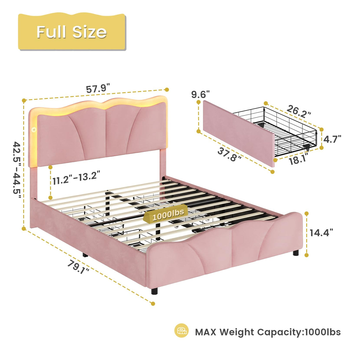 Pink Velvet Upholstered Platform Bed Frame with 4 Storage Drawers V49291
