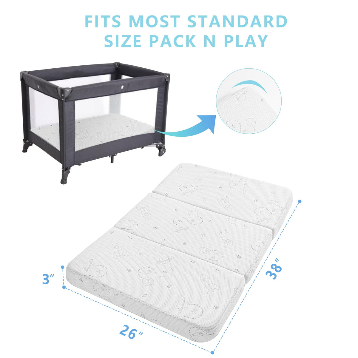 Trifold Pack and Play Mattress 38''x26'' with Washable Cover and Travel Bag W50493