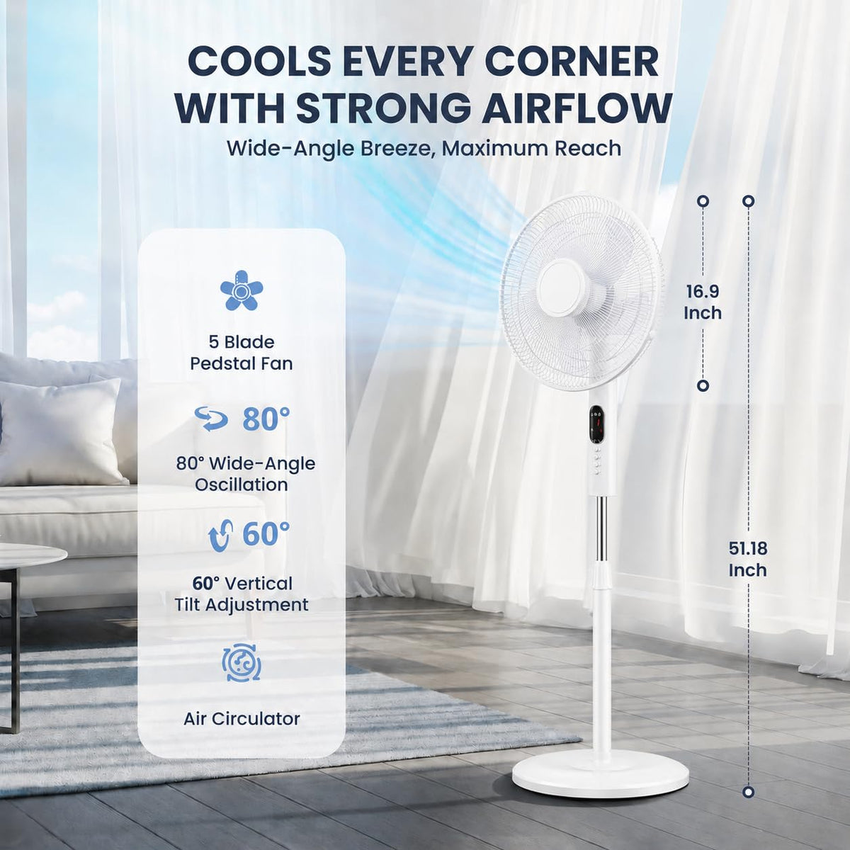 16 inch Quiet Oscillating Pedestal Fan with Adjustable Height & Tilt, White Y3504