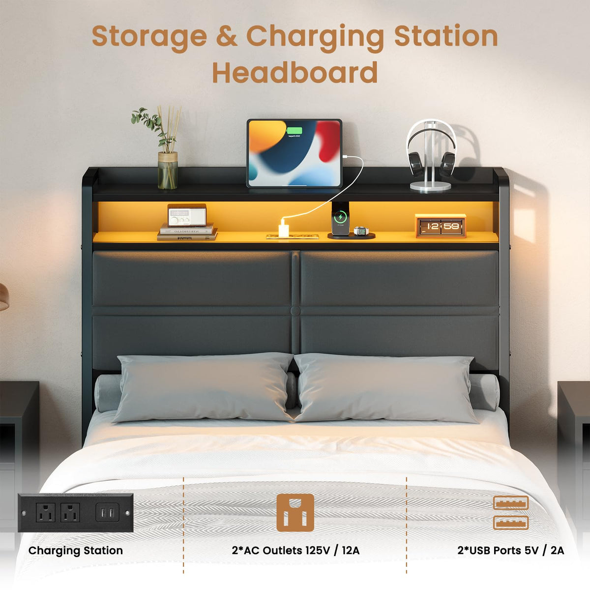 Twin Bed Frame with LED Lights and Charging Station J58636