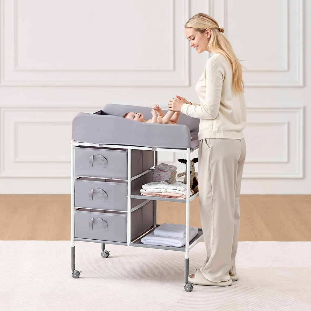 Adjustable Height Baby Changing Table with 3 Fabric Drawers L8837