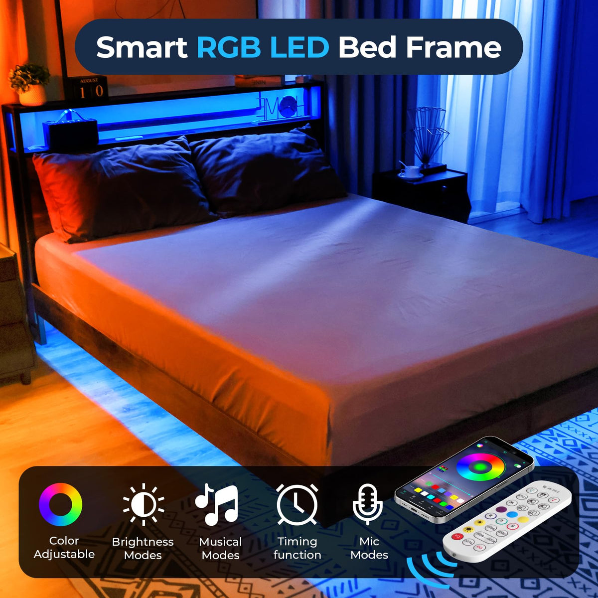 Queen Size Metal Platform Bed Frame with Storage Headboard M8759