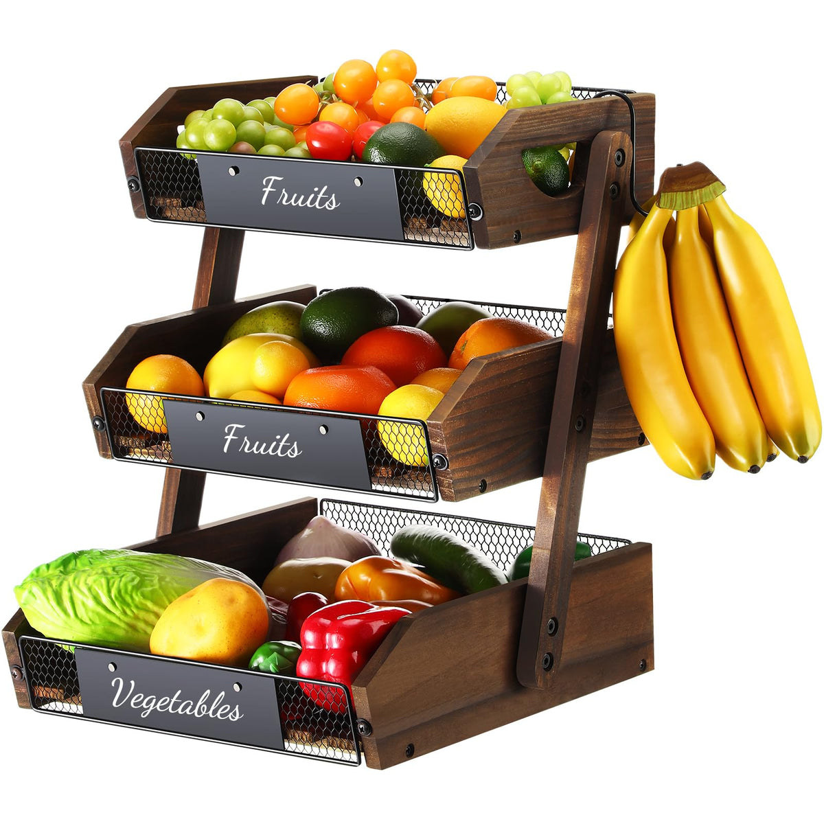3 Tier Wooden Fruit Basket with Banana Hangers J97691