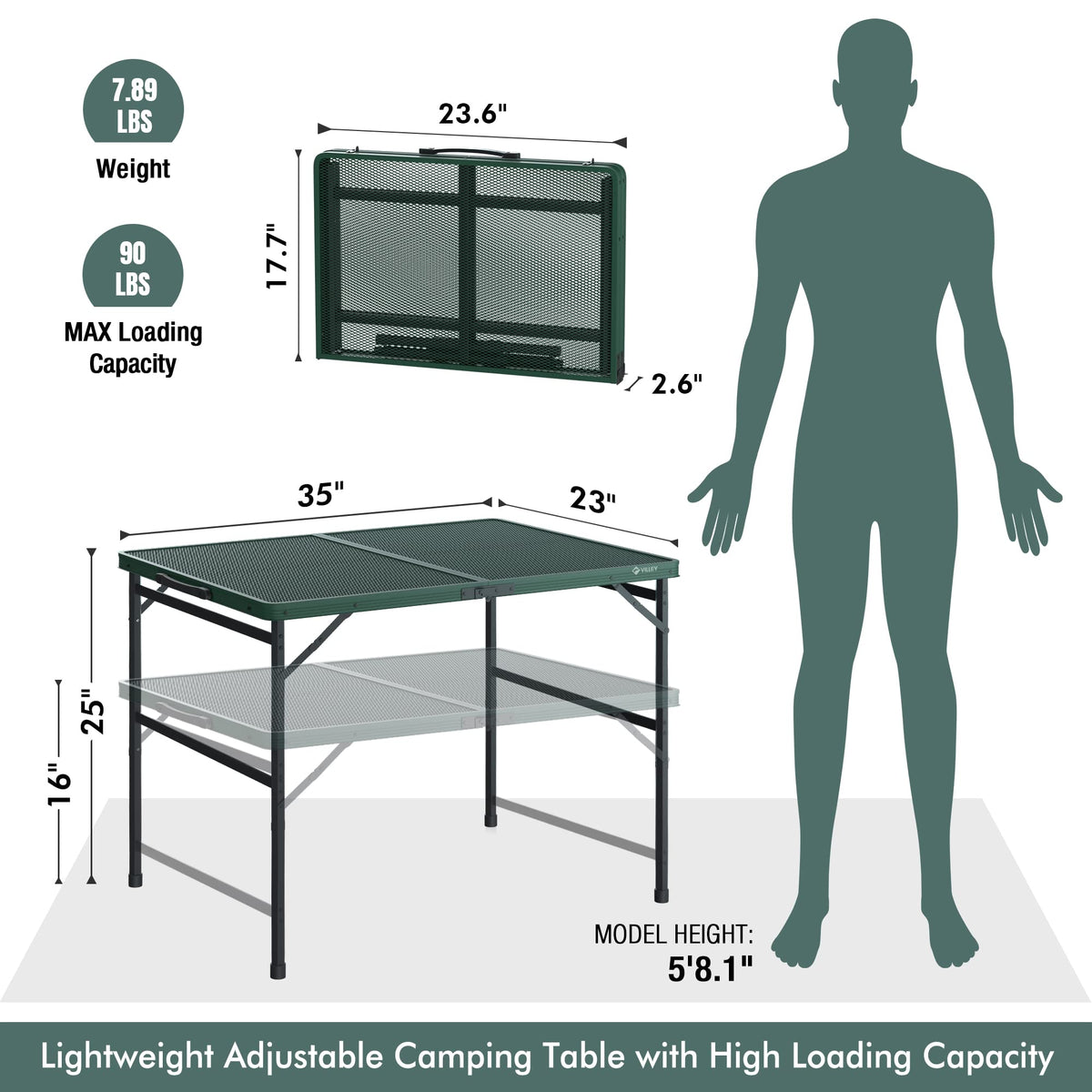 3ft Folding Aluminum Camping Table with Adjustable Legs Y451823