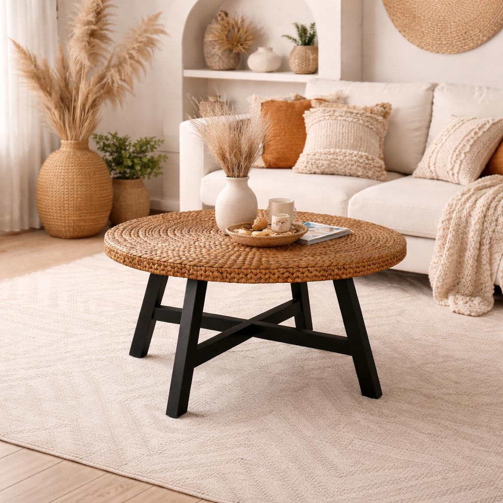 32 Inch Round Handwoven Seagrass Coffee Table with Pine Wood X Base K896