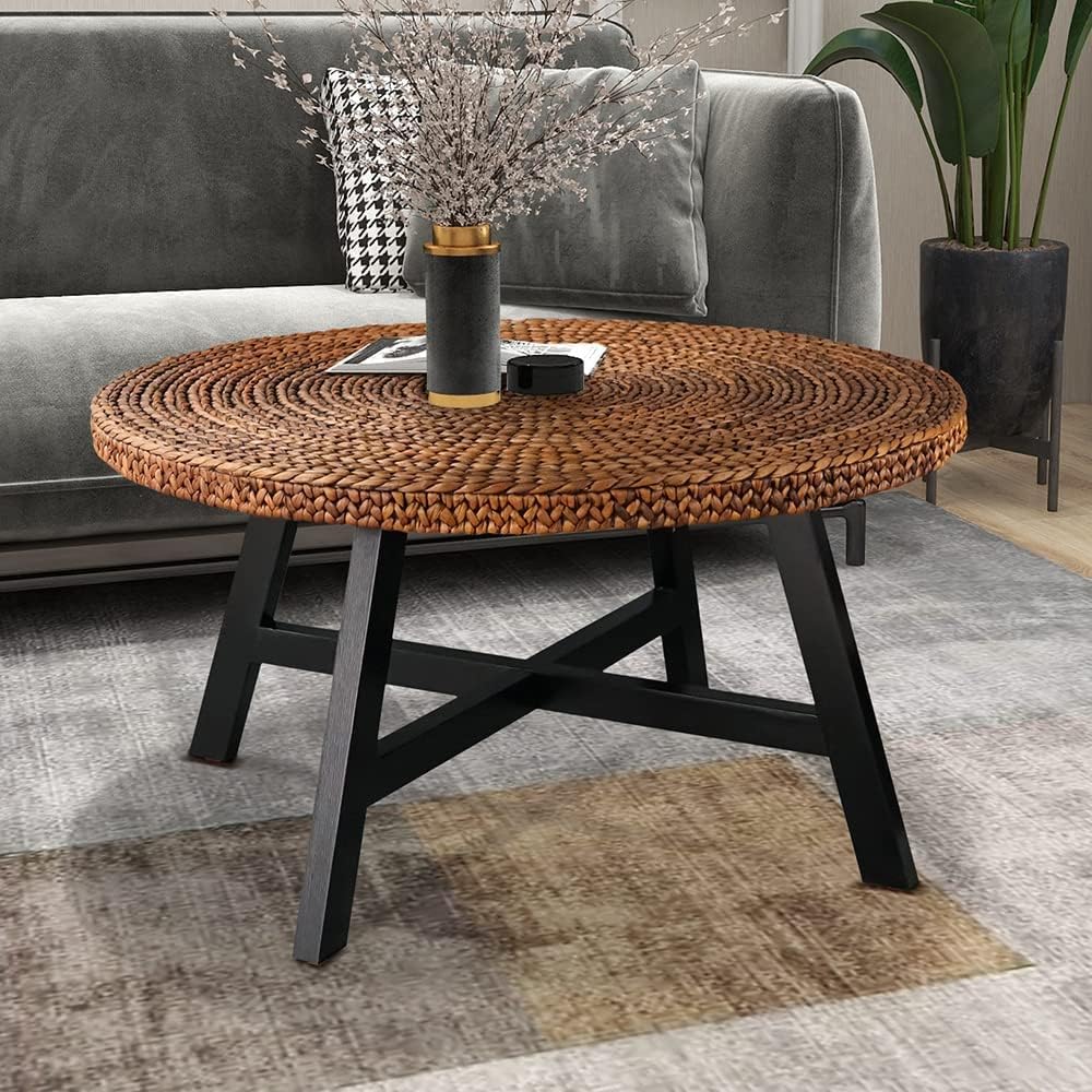 32 Inch Round Handwoven Seagrass Coffee Table with Pine Wood X Base K896