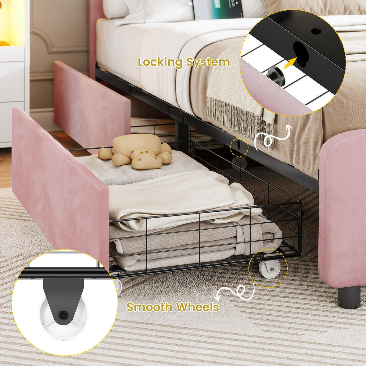 Pink Velvet Upholstered Platform Bed Frame with 4 Storage Drawers V49291