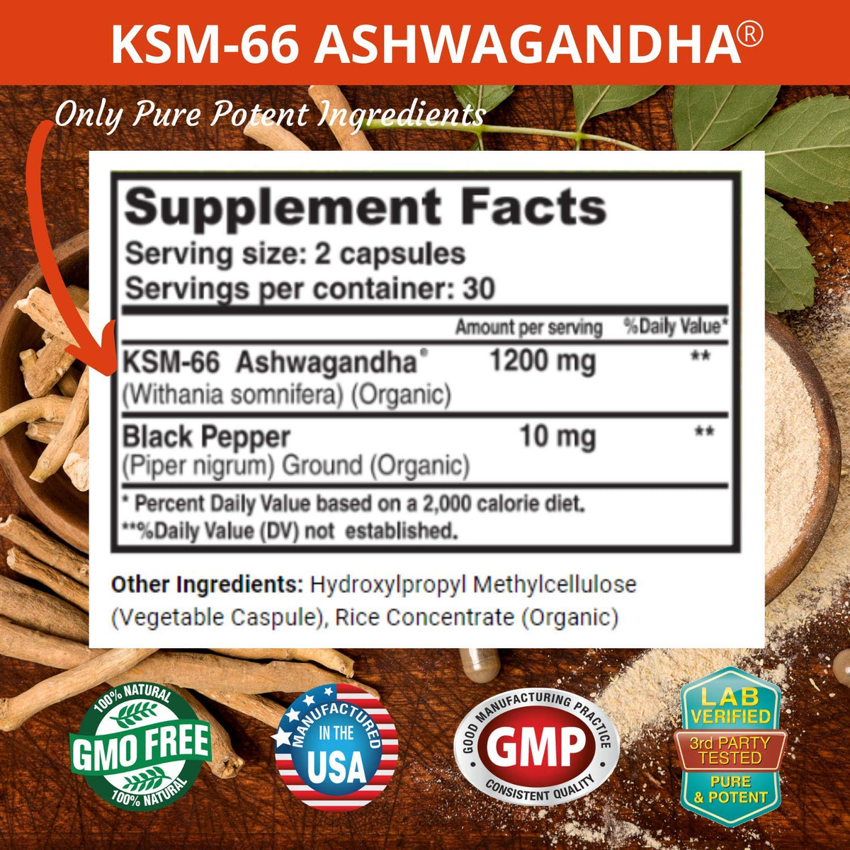 Ashwagandha Capsules 1200mg Root Extract with Black Pepper 60 Vegan Capsules E877523