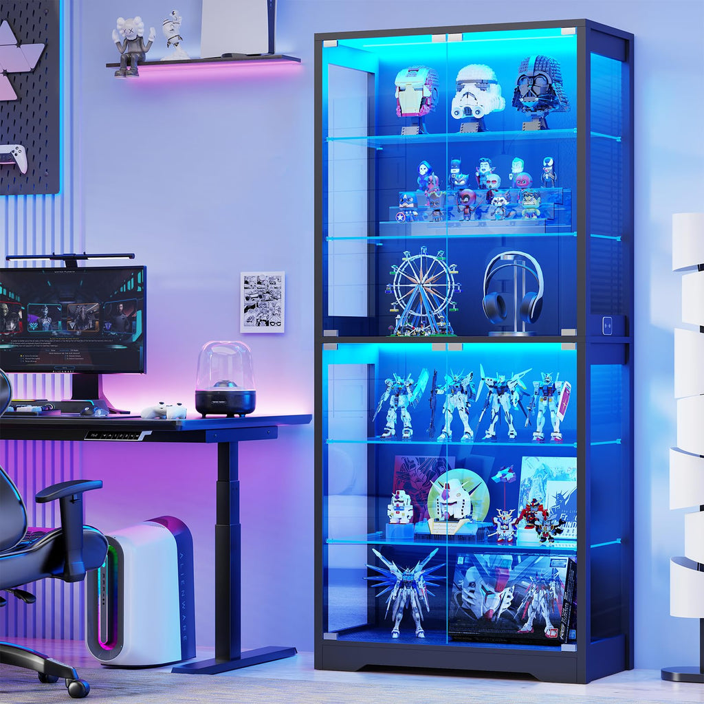 71" Tall Display Cabinet with Glass Door and 3-Color Lights, Black K12874