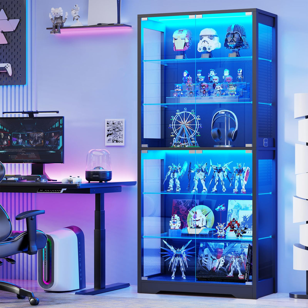 71" Tall Display Cabinet with Glass Door and 3-Color Lights, Black K12874