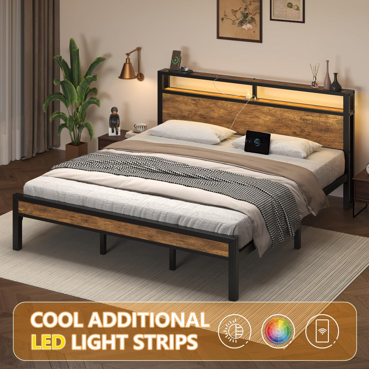 King Size Bed Frame with LED Light and Charging Station U425