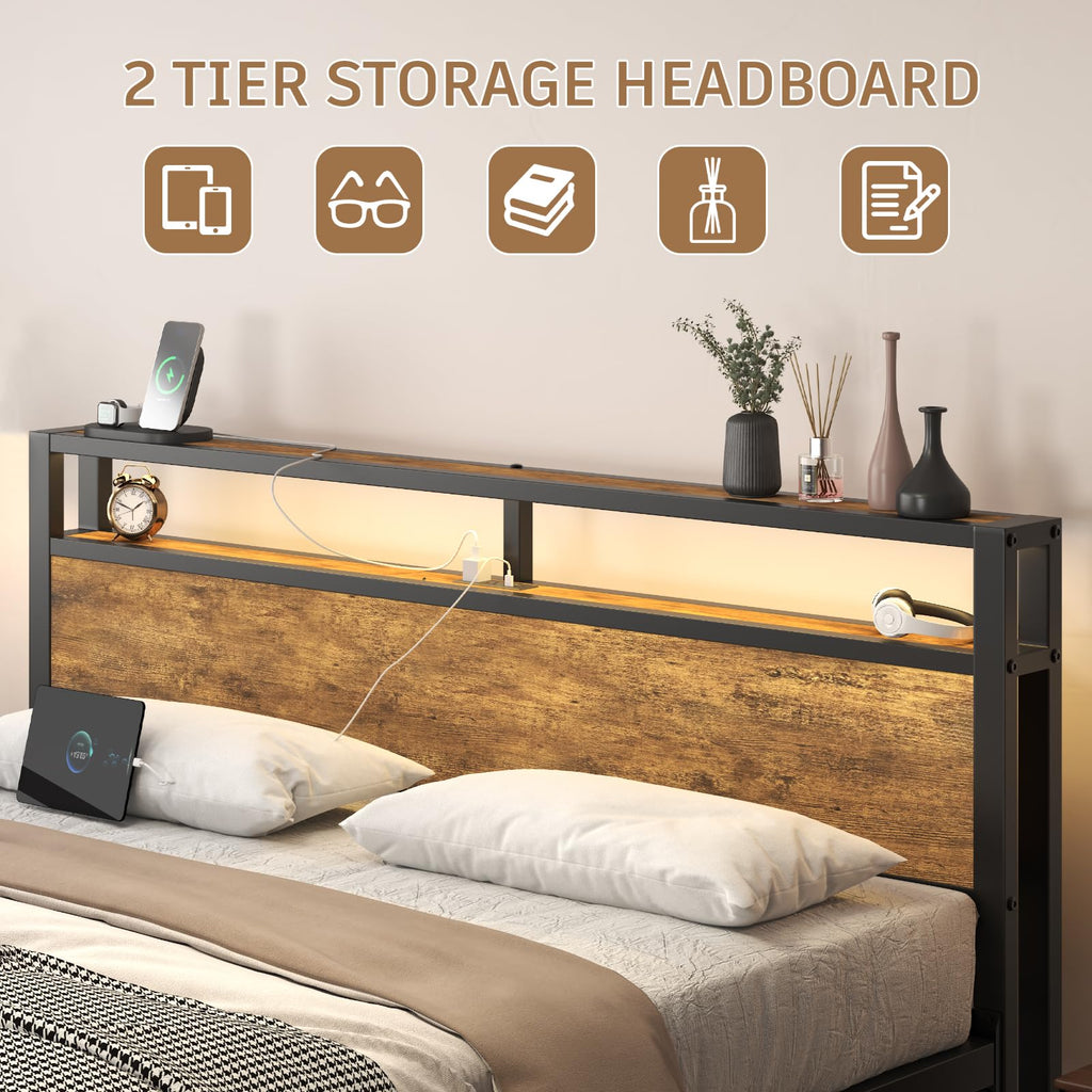 King Size Bed Frame with LED Light and Charging Station U425