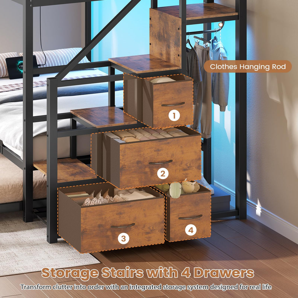 Twin Over Twin Metal Bunk Bed with Trundle and Staircase, Black F118