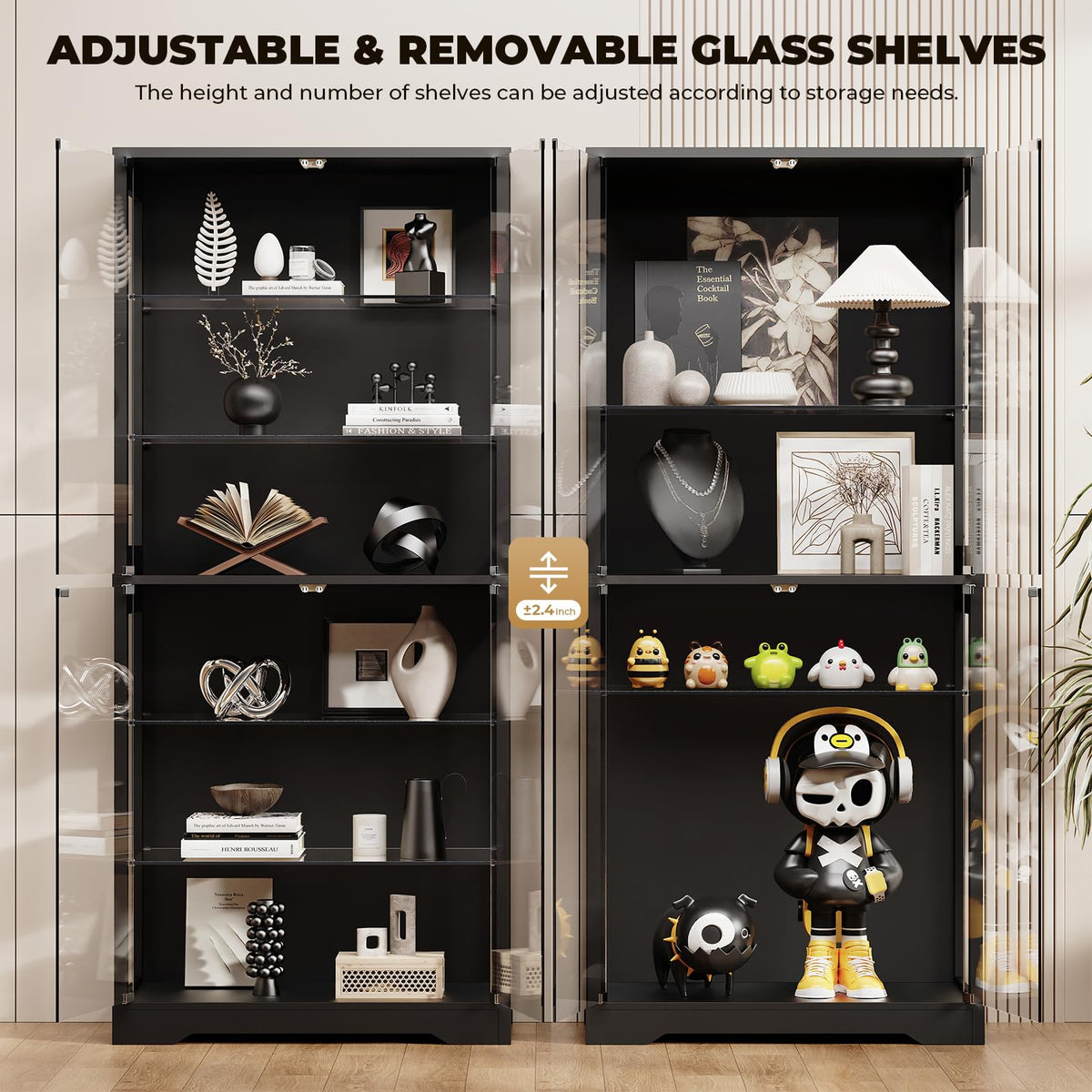 71" Tall Display Cabinet with Glass Door and 3-Color Lights, Black K12874