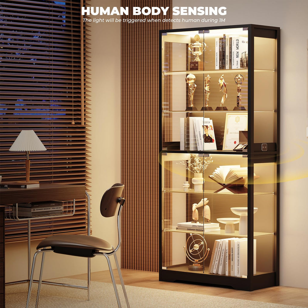 71" Tall Display Cabinet with Glass Door and 3-Color Lights, Black K12874