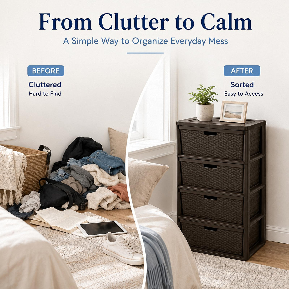 Wide 4-Drawer Storage Organizer Tower with Removable Bins U52853