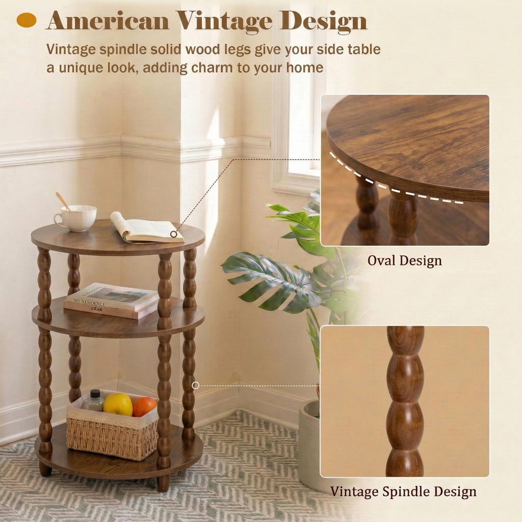3-Tier Oval Side Table with Solid Wood Spindle Legs W820