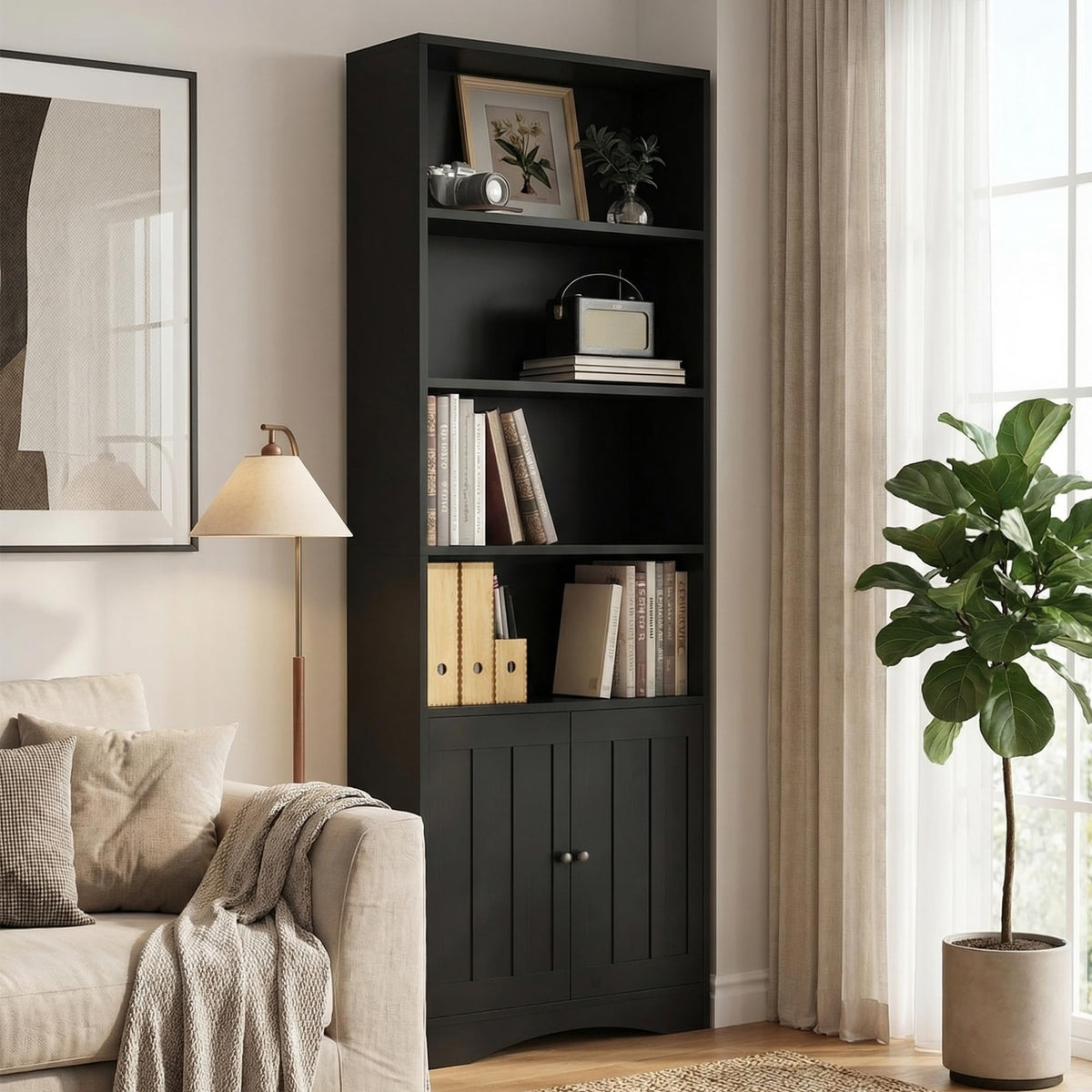 71''H 6-Shelf Black Bookcase with Doors W67237