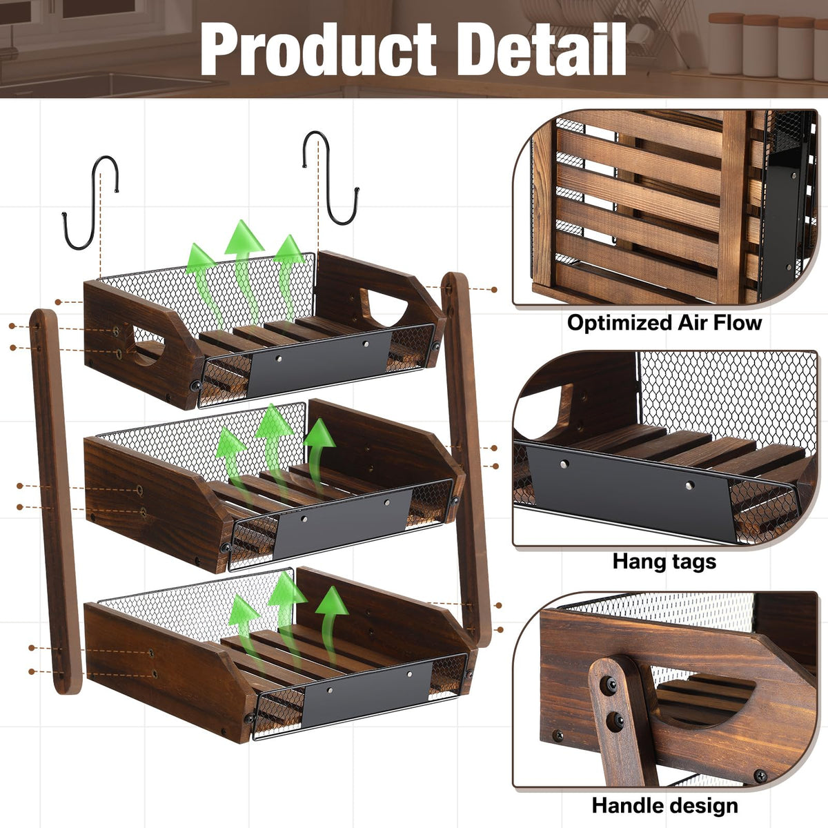 3 Tier Wooden Fruit Basket with Banana Hangers J97691