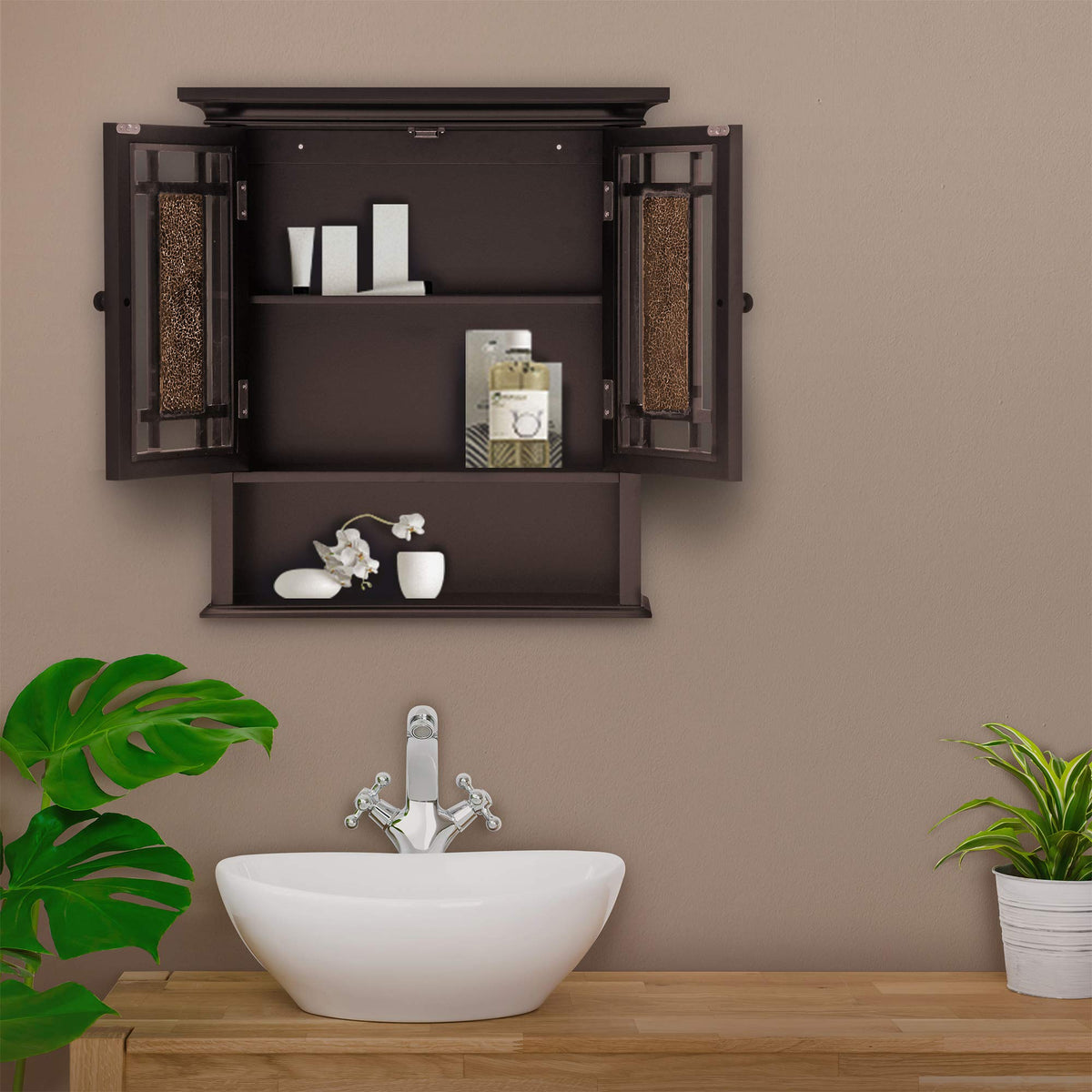 Over The Toilet Wall Medicine Cabinet with 2 Glass Mosaic Doors S9451