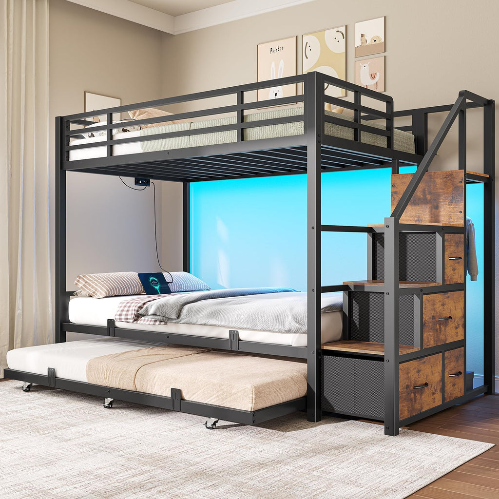 Twin Over Twin Metal Bunk Bed with Trundle and Staircase, Black F118