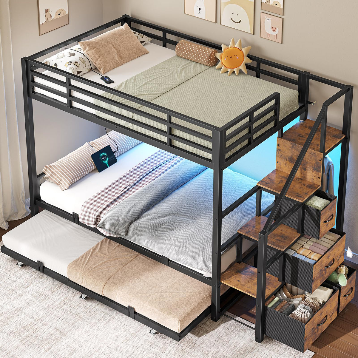 Twin Over Twin Metal Bunk Bed with Trundle and Staircase, Black F118