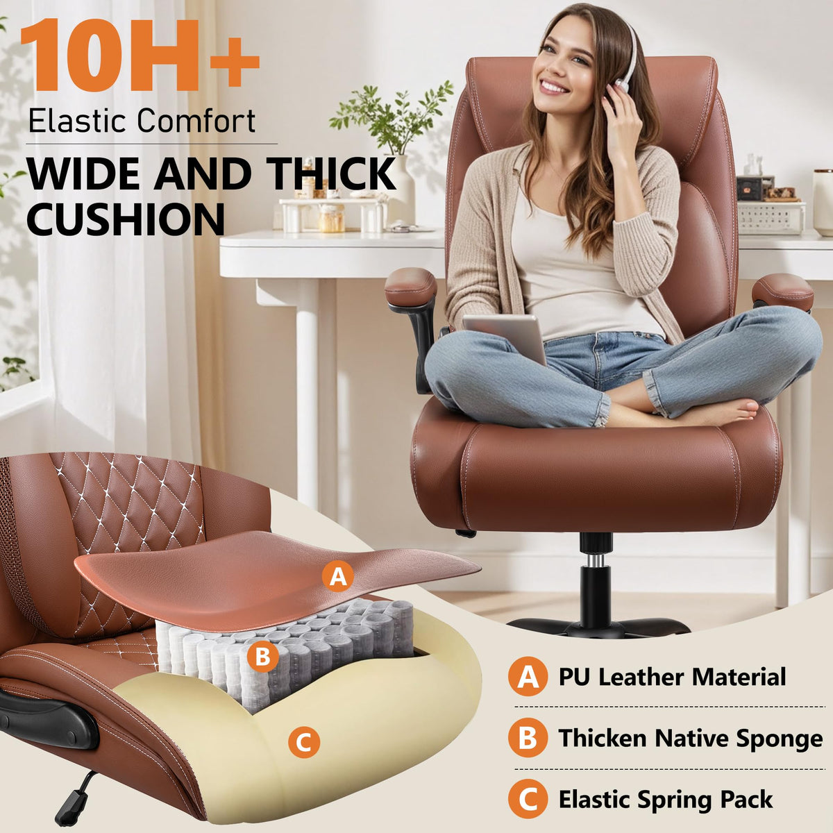 Brown Ergonomic Leather Office Chair with Lumbar Support G44955